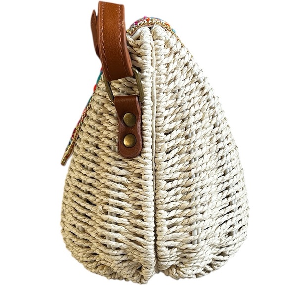 Brand New Women’s Cream Basket & Faux Brown Leather Purse w/ Colourful Beads - Picture 5 of 9